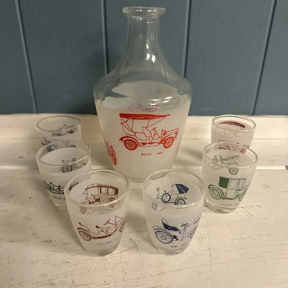 Vtg CAR Decanter Multi Color 6 Shot Glass Set Service‎ Liqueur Luminarc France